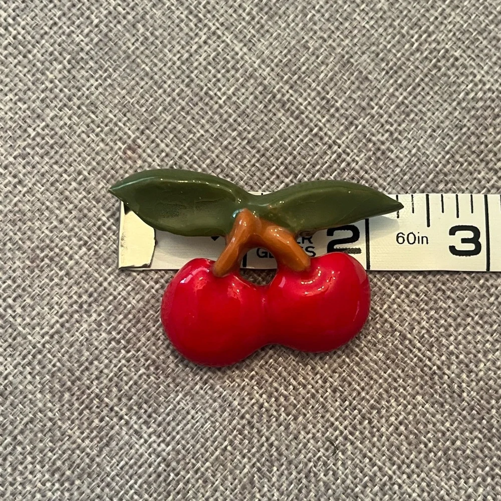 Vintage Ceramic Red Cherry Brooch with Green Leaves